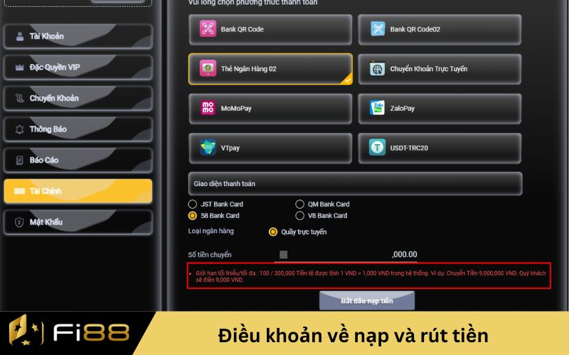 điều kiện nạp rút tiền Fi88
